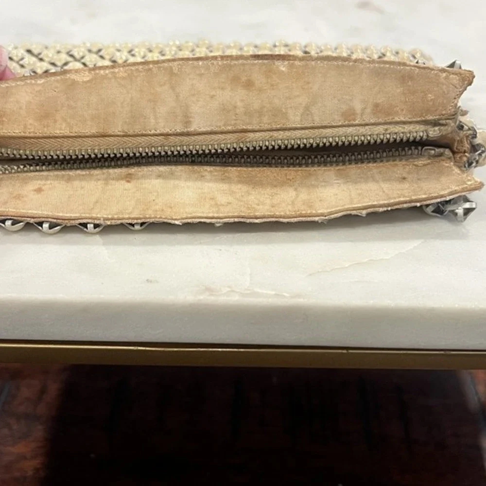 VTG 1950s Lattice Beaded Clutch‎ Purse Ivory Plastic Beads Japan Satin Lining